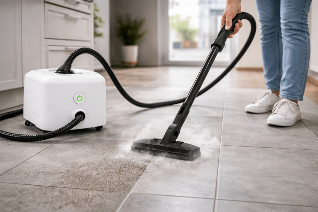 Cleaning grout with Dupray Neat steam power