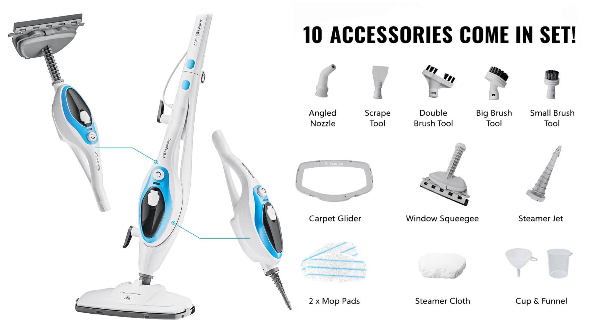 PurSteam 10-in-1 steam mop accessories including brushes, nozzles, pads, squeegee, and carpet glider