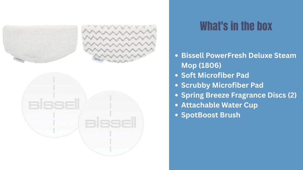 BISSELL PowerFresh Steam Mop accessories including microfiber pad, scent discs, scrubbers, and measuring cup