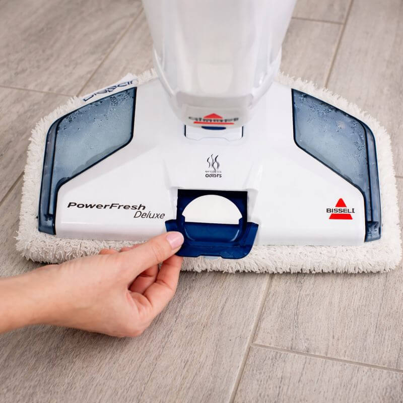 BISSELL PowerFresh Steam Mop built-in scent disc tray releasing fresh fragrance during cleaning