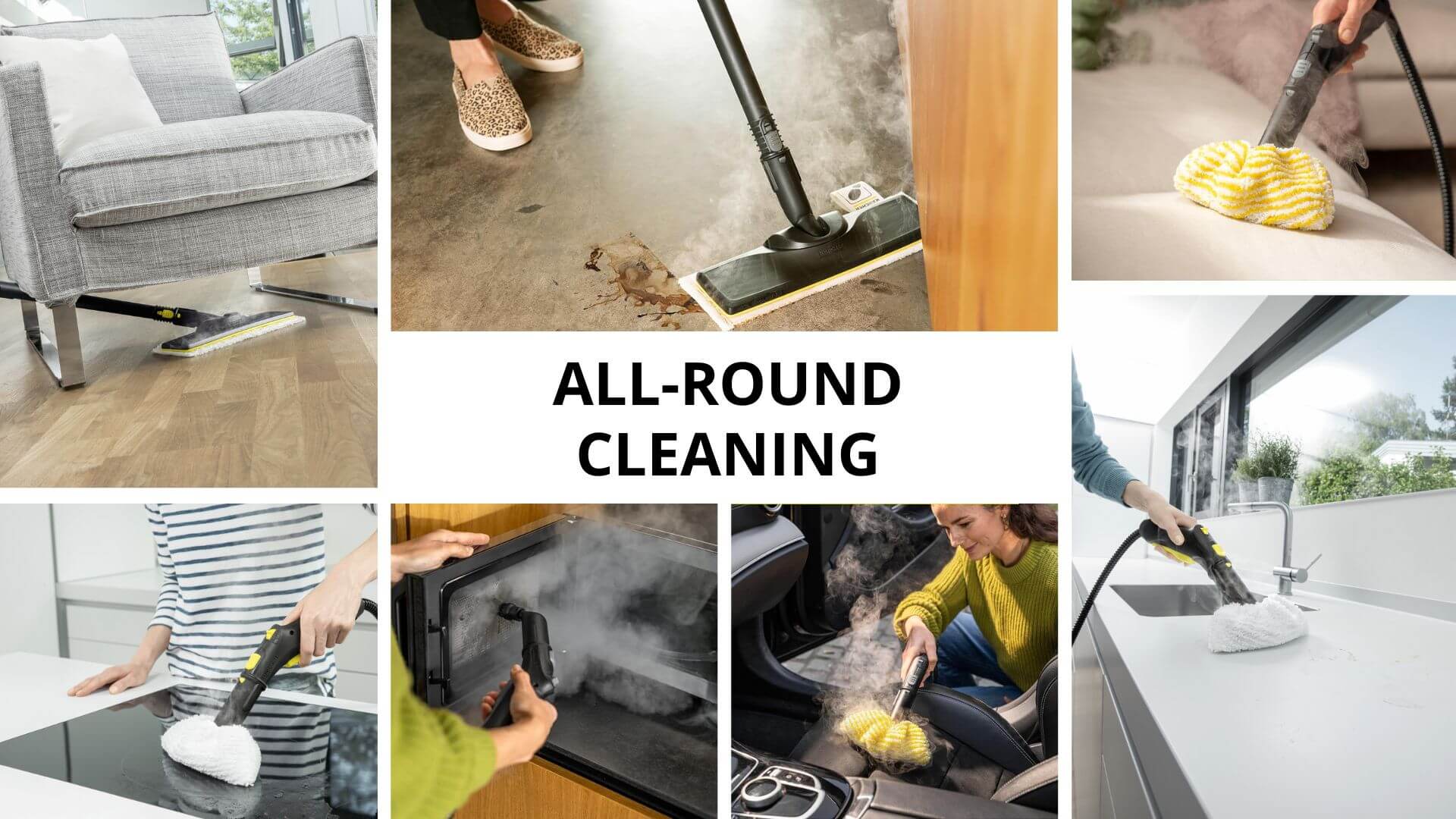 Kärcher steam cleaner cleaning floors, upholstery, kitchen surfaces, and car interiors