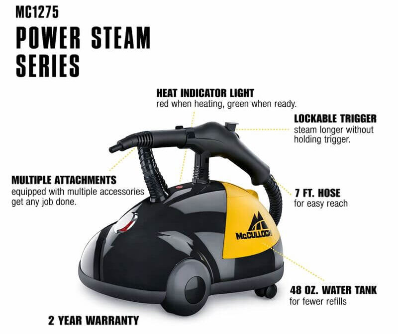 McCulloch MC1275 Heavy Duty Steam Cleaner showing key features including 48 oz water tank, 7 ft hose, lockable steam trigger, heat indicator light, and multiple attachments.