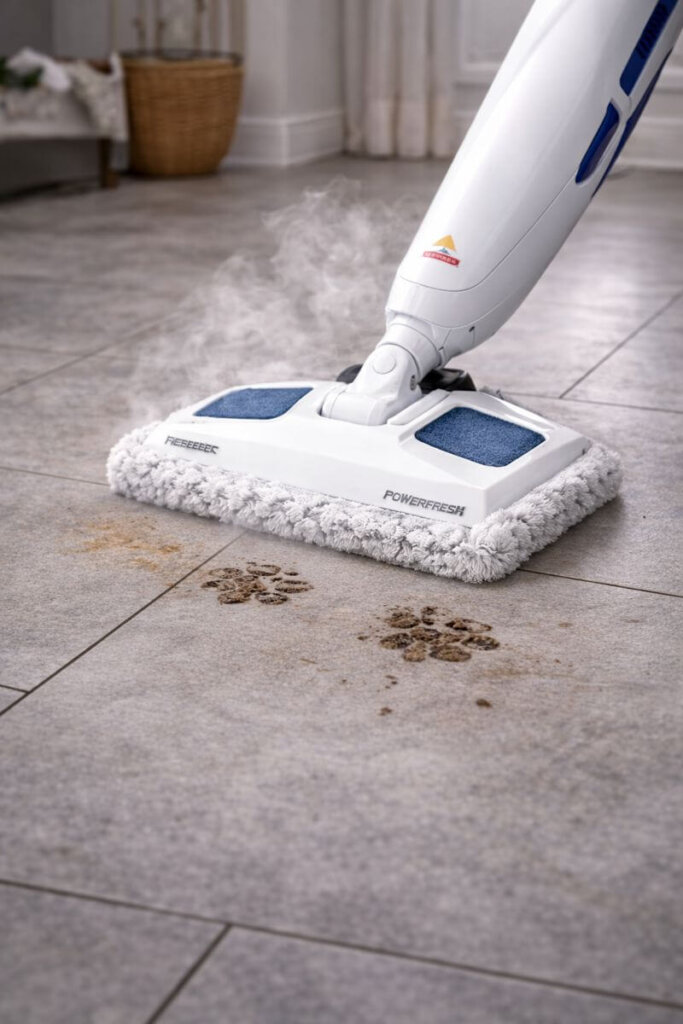 BISSELL PowerFresh Steam Mop cleaning muddy pet paw prints from hard floor