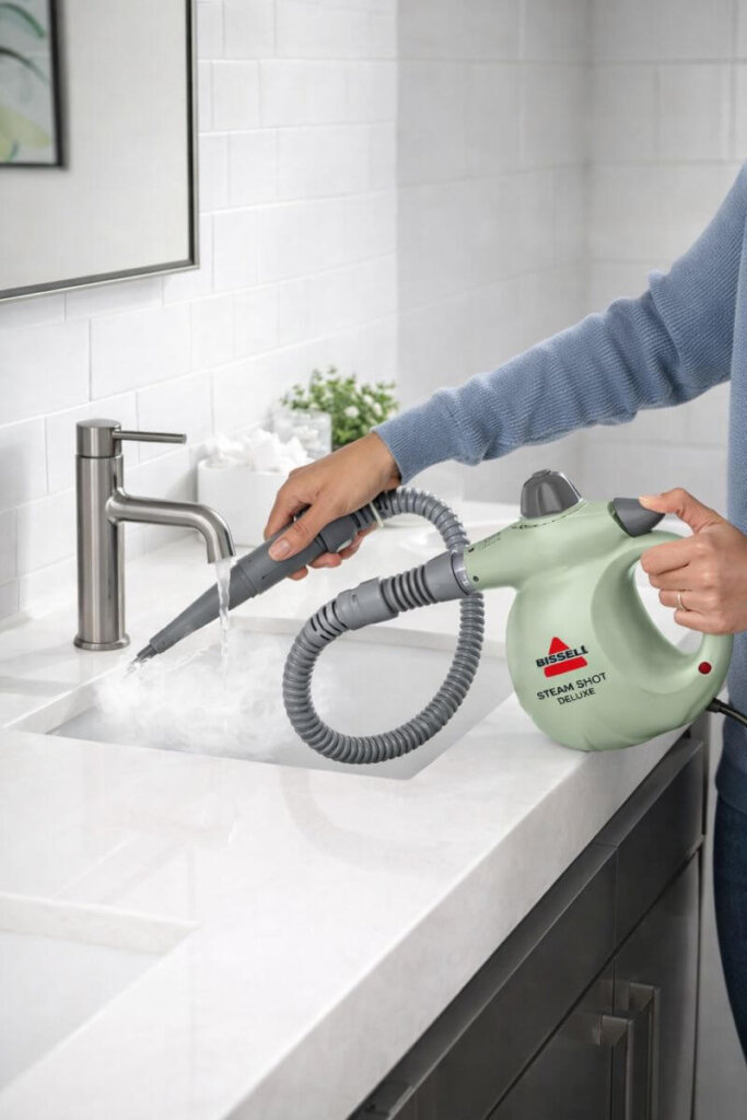 BISSELL Steam Shot Deluxe steaming sink and faucet in bathroom