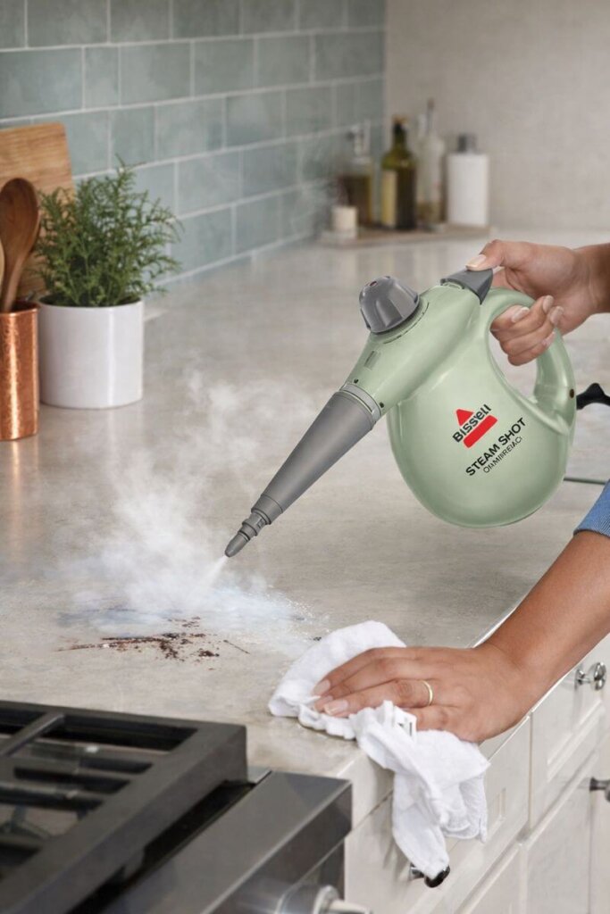 BISSELL Steam Shot OmniReach clean greasy   kitchen counter near stove