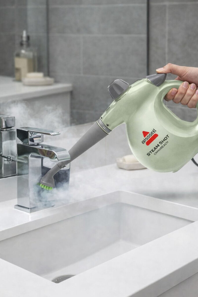 BISSELL Steam Shot OmniReach steam clean bathroom sink and faucet
