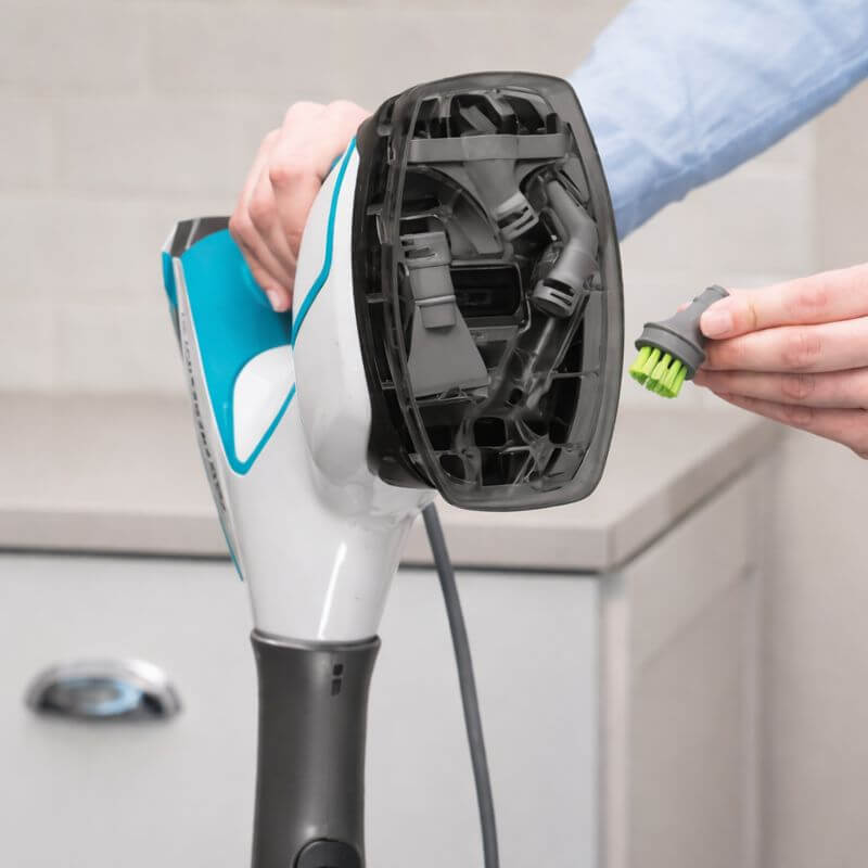Bissell 2075A PowerFresh Slim steam mop with tools attached to handle