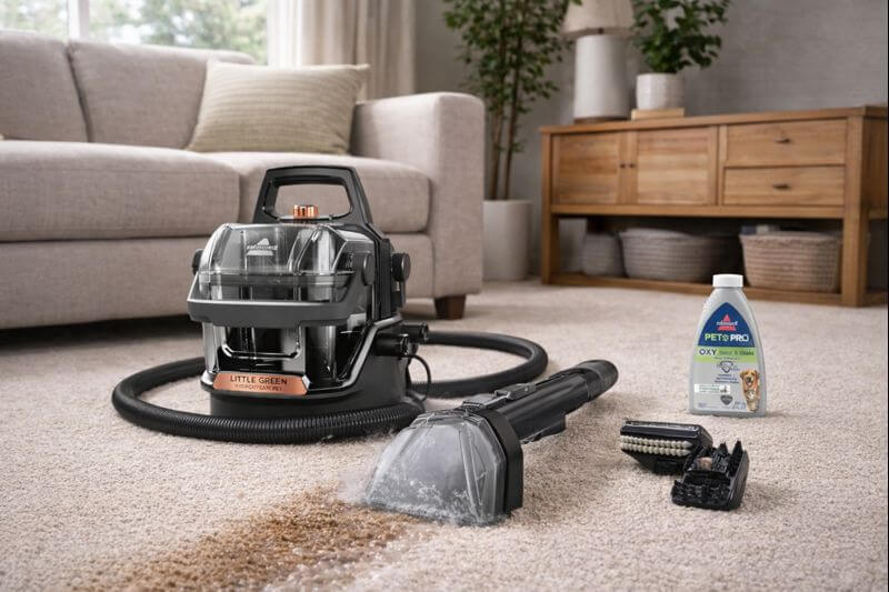 Accessories included with the BISSELL Little Green HydroSteam pet portable carpet cleaner displayed together
