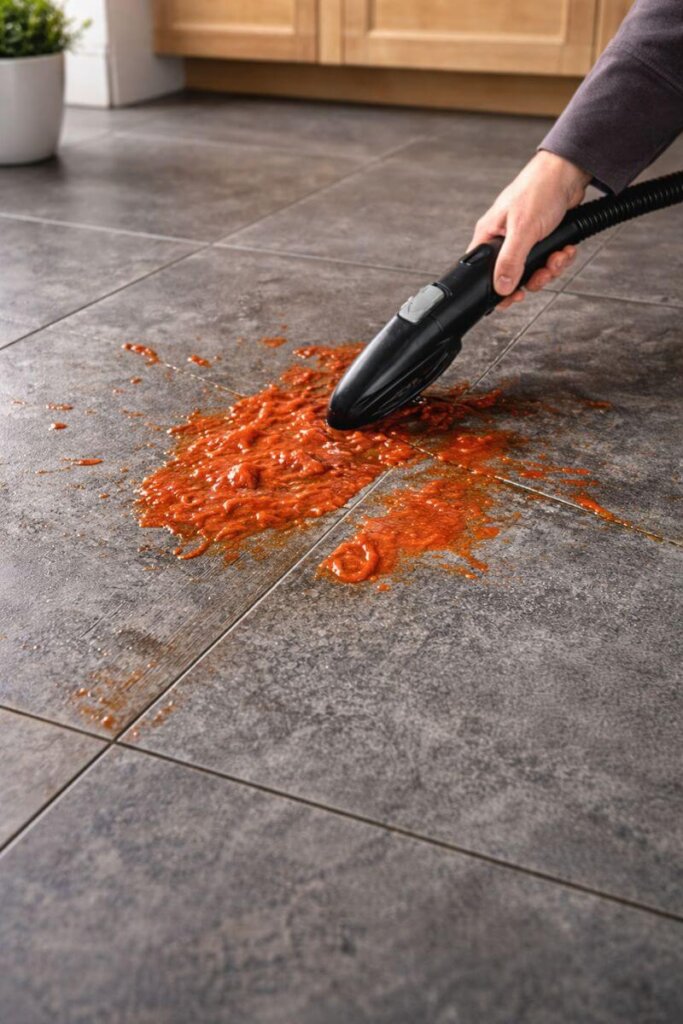 Multi-surface tool of BISSELL Little Green HydroSteam cleaning carpet, tile, grout, and sneakers