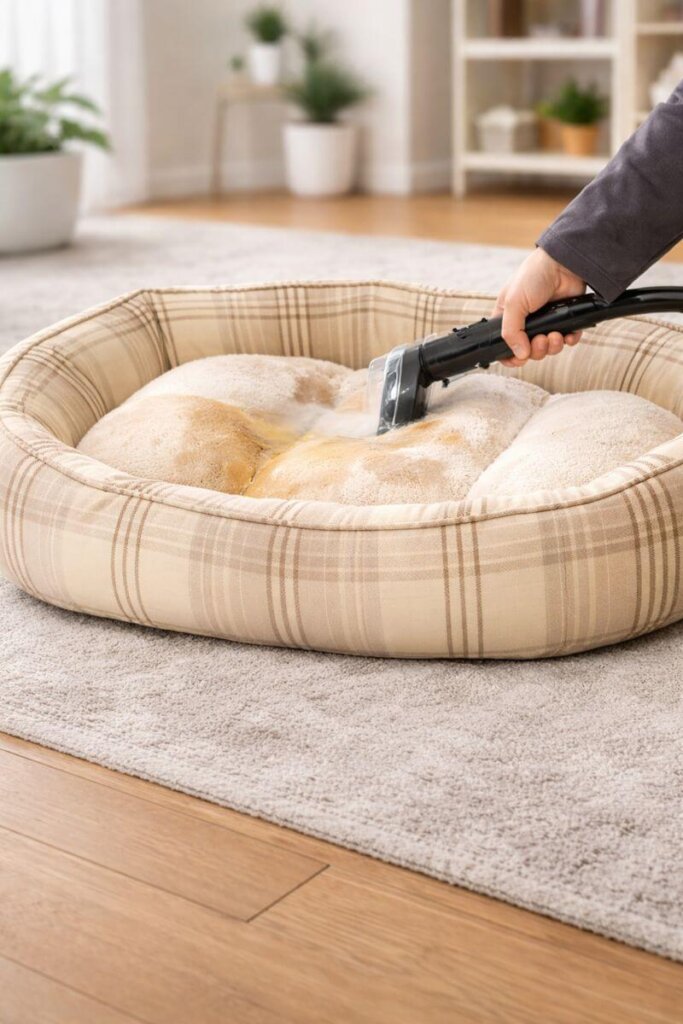 BISSELL Little Green HydroSteam cleaning pet bed fabric, removing pet hair and stains