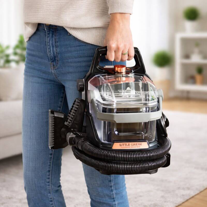 Carrying the BISSELL Little Green HydroSteam pet portable carpet cleaner across a room
