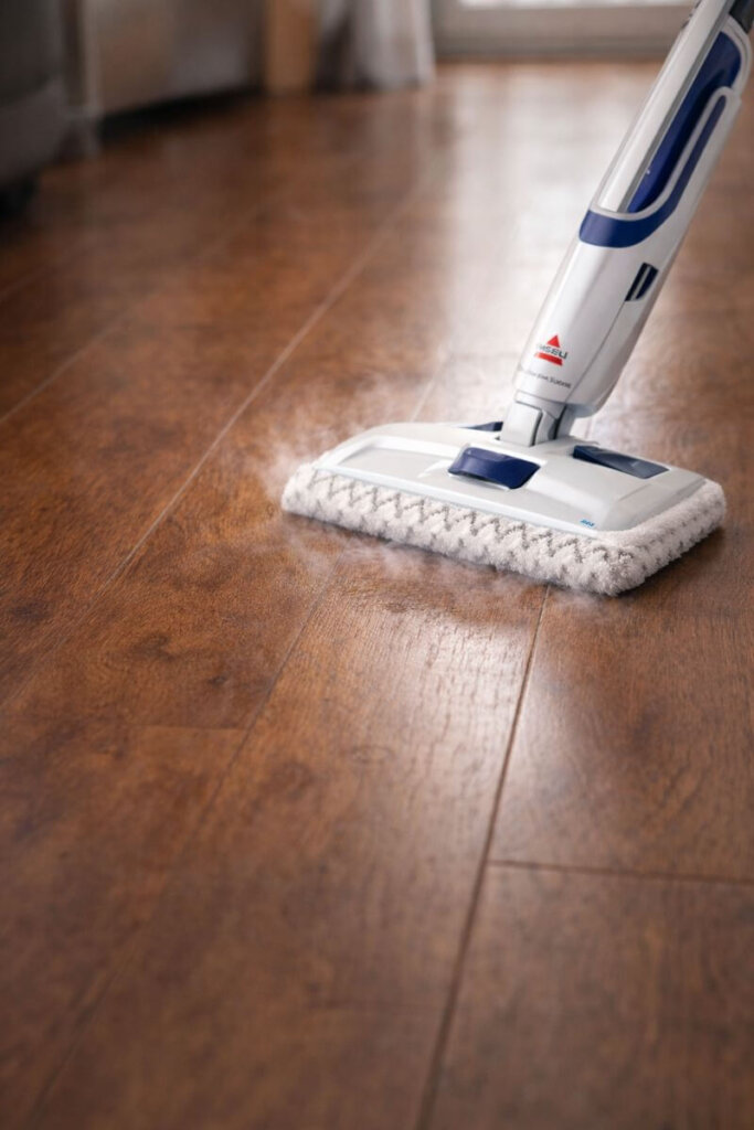 BISSELL PowerFresh Steam Mop safely cleaning sealed hardwood floor and removing residue