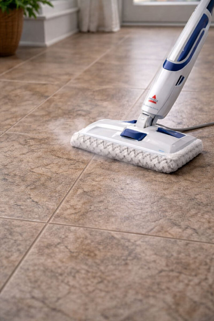 BISSELL PowerFresh Steam Mop gently cleaning natural stone and laminate flooring