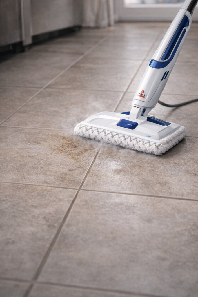 BISSELL PowerFresh Steam Mop loosening grime on ceramic tile and grout with steam