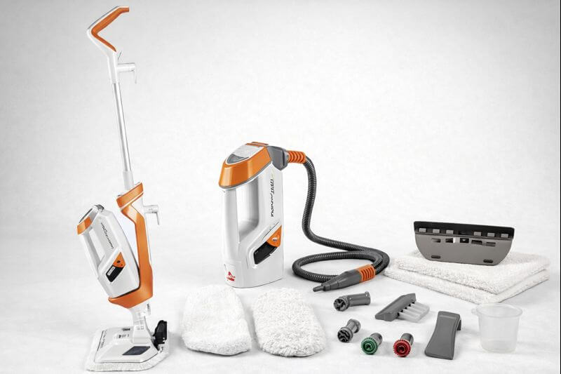 BISSELL PowerFresh Lift-Off Pet Steam Mop 1544A shown with detachable handheld steamer and full set of accessories