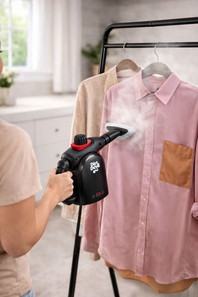 Dirt Devil 7-in-1 handheld steam cleaner steaming and refreshing hanging clothes 