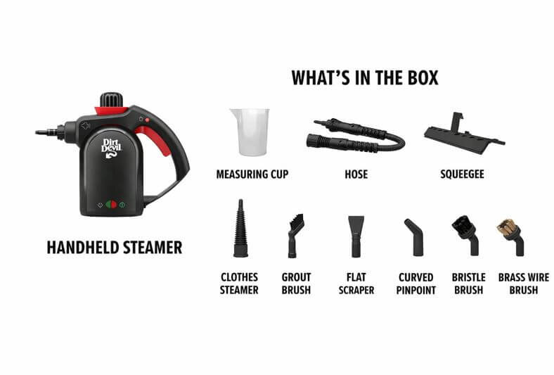 What’s in the box view of Dirt Devil 7-in-1 handheld steam cleaner showing the steamer unit, measuring cup, hose, squeegee, clothes steamer, grout brush, flat scraper, curved pinpoint nozzle, bristle brush, and brass wire brush.
