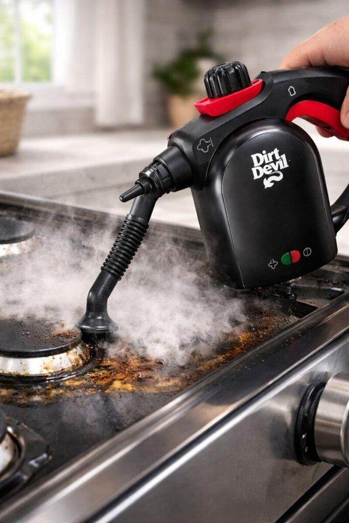Dirt Devil 7-in-1 handheld steam cleaner removing baked-on grease from stovetop burners with high-pressure steam
