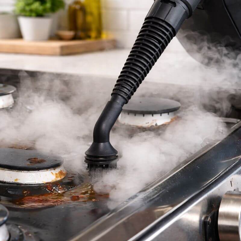 Dirt Devil 7-in-1 steam cleaner removing baked-on grease from stovetop burners using concentrated steam nozzle