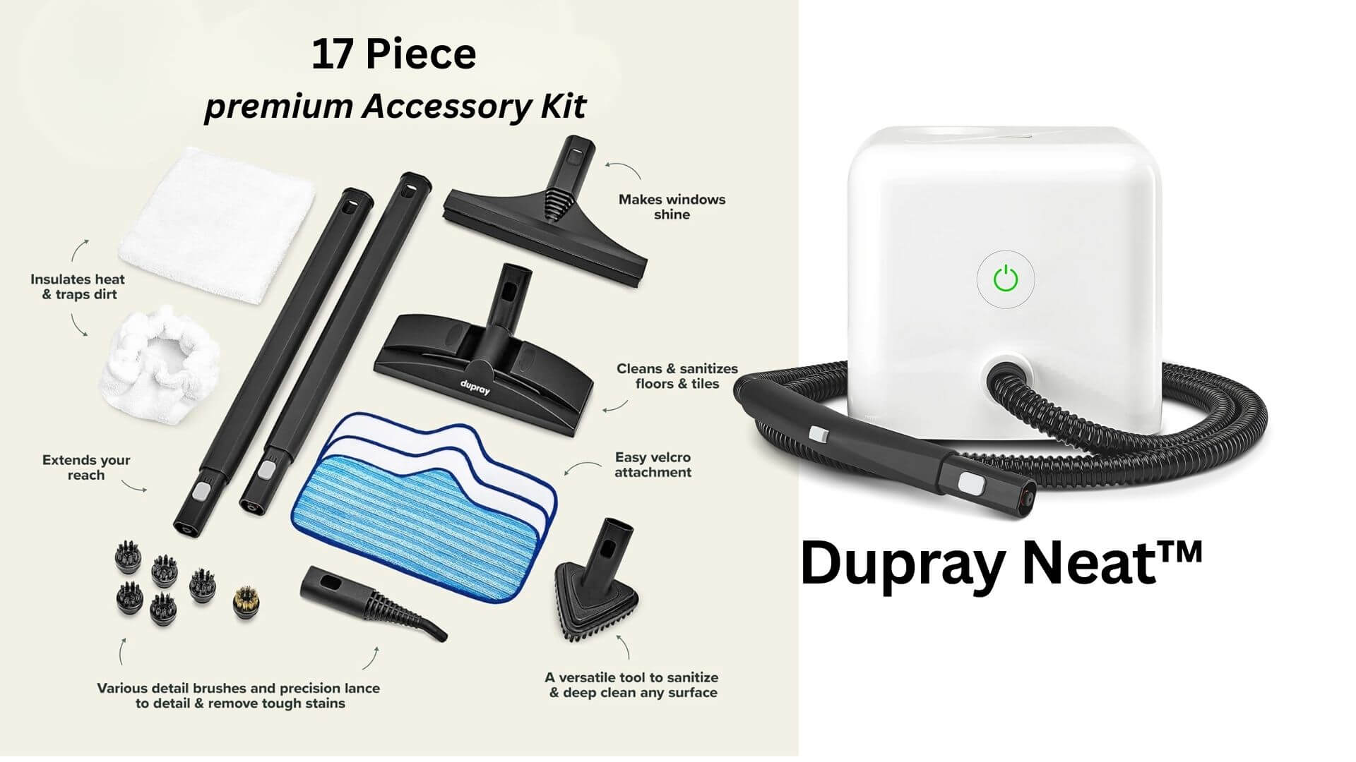 Dupray Neat steam cleaner accessories including brushes, nozzles, and attachments for multi-surface cleaning
