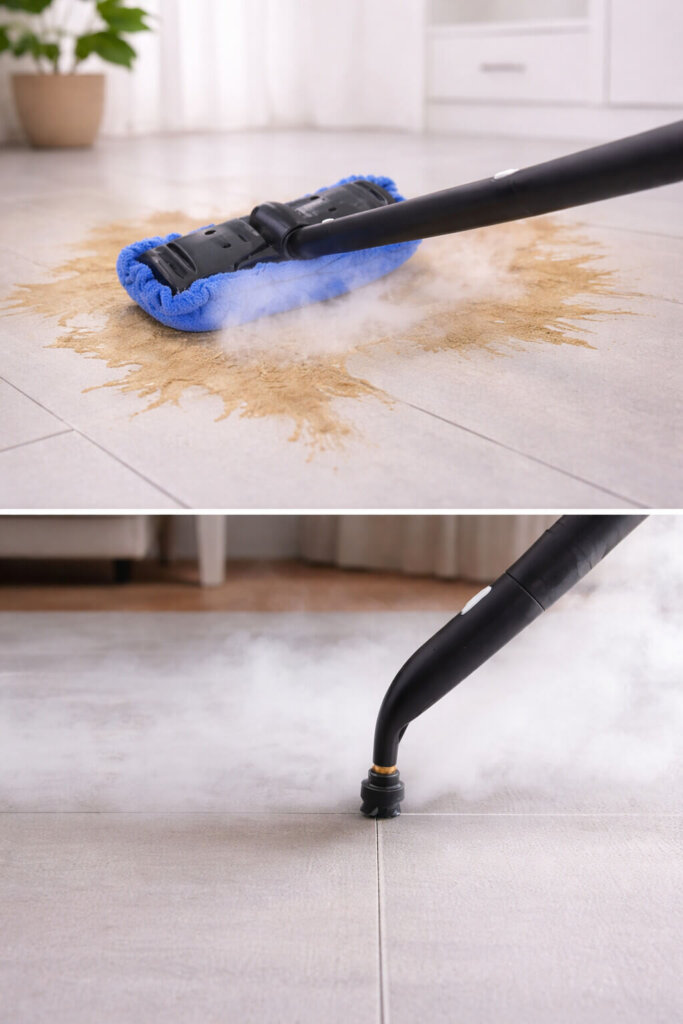 Dupray Neat steam cleaner sanitizing floors and cleaning grout lines on tile surfaces