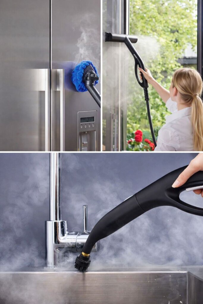 Dupray Neat steam cleaner degreasing kitchen surfaces and cleaning windows and mirrors without chemicals