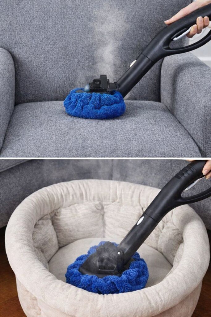 Dupray Neat steam cleaner sanitizing mattress and deodorizing furniture, upholstery, and pet toys