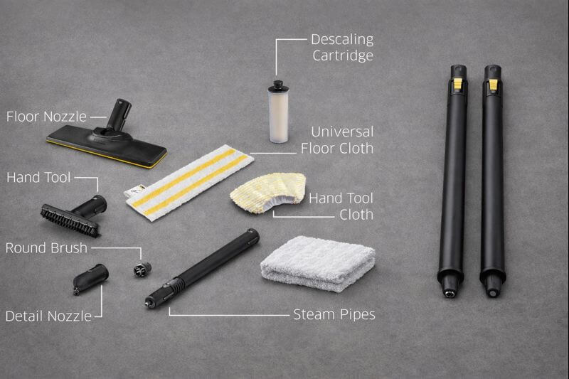 Kärcher SC3 EasyFix steam cleaner accessories including floor nozzle, brushes, microfiber cloths, and extension tubes