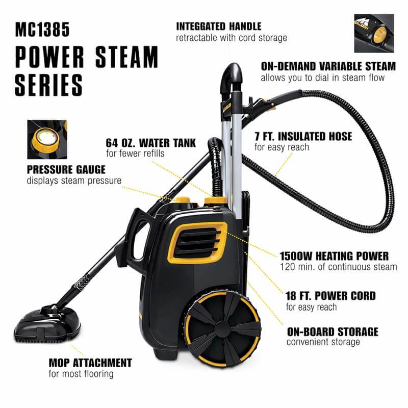 McCulloch MC1385 Deluxe canister steam cleaner with labeled features.