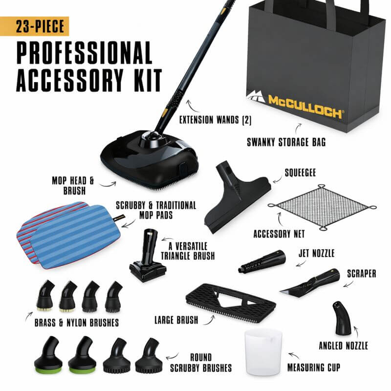 McCulloch MC1385 23-piece steam cleaner accessory kit.