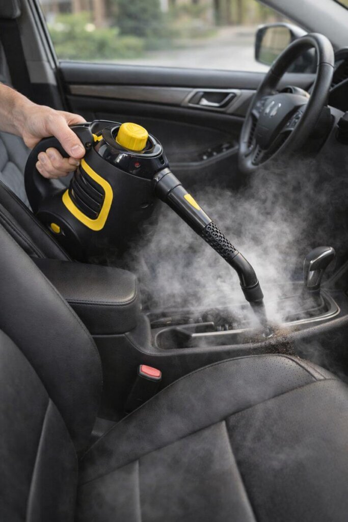 McCulloch MC1230 handheld steam cleaner deep cleaning car interior cup holders and center console with high-pressure steam