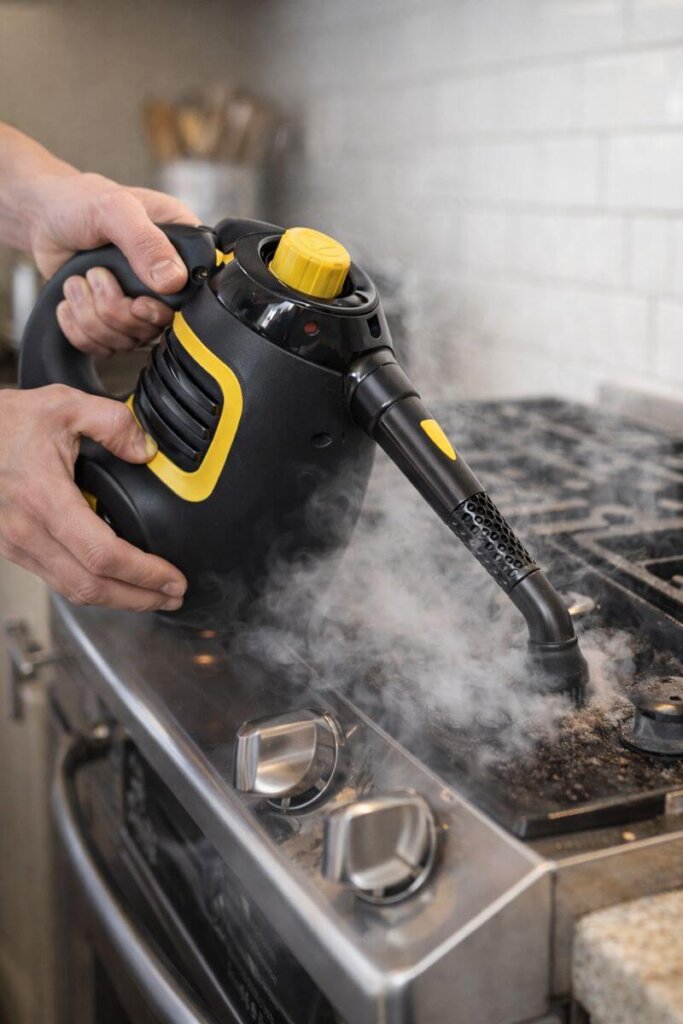 McCulloch MC1230 handheld steam cleaner in hands during real-world testing showing lightweight design and easy handling