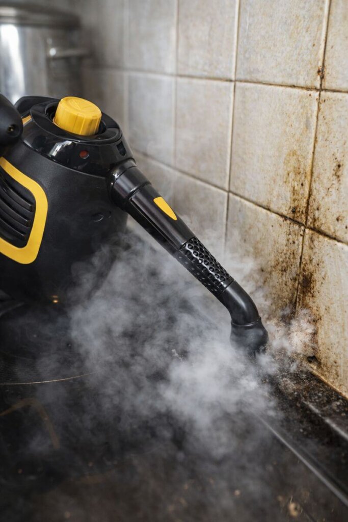 McCulloch MC1230 handheld steam cleaner producing strong steam while cleaning greasy kitchen tile and grout during performance testing