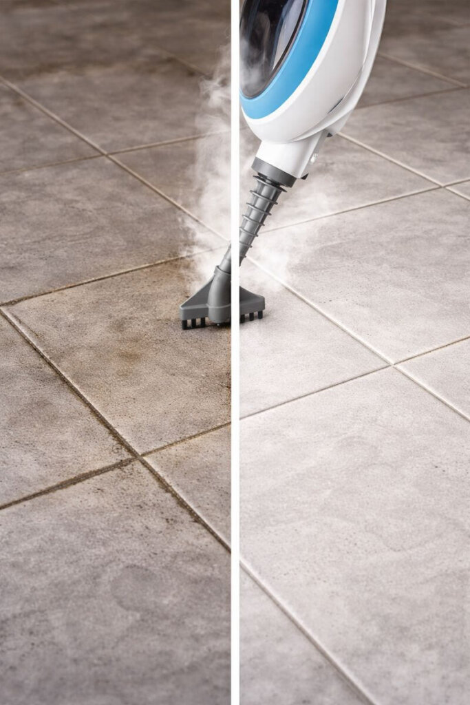 Before and after results showing dirt removal with the PurSteam 10-in-1 steam mop