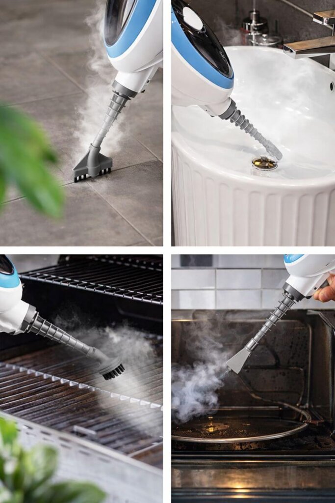 PurSteam 10-in-1 handheld steam cleaner cleaning grout and tight spaces