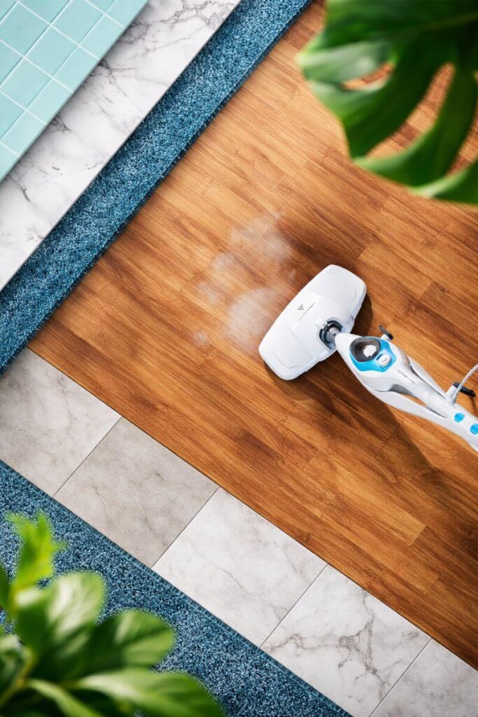 PurSteam 10-in-1 steam mop cleaning real floors during performance testing