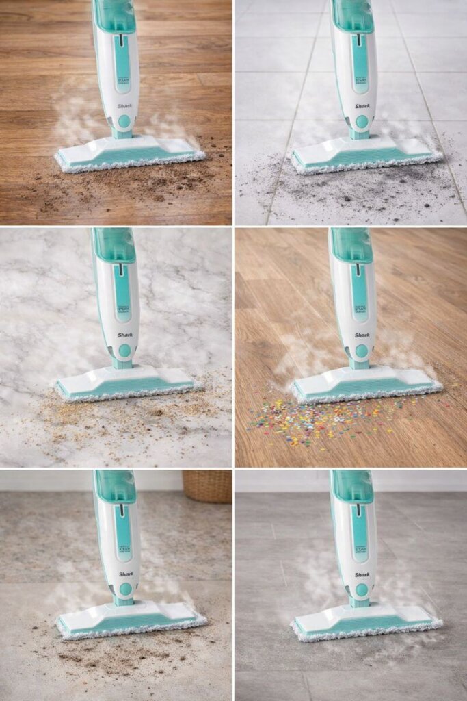 Shark S1000 steam mop safe for hardwood, tile, marble, laminate, vinyl