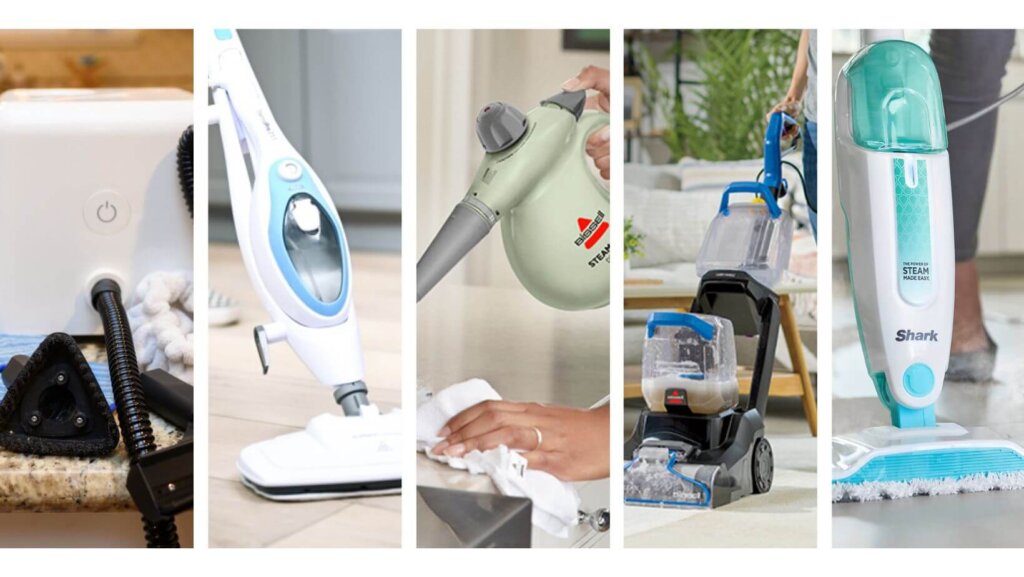 Comparison of handheld, steam mop, and canister steam cleaners displayed side by side