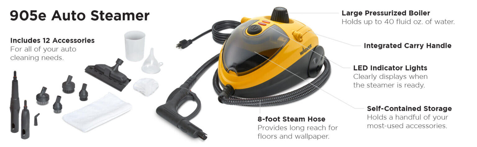 Wagner Spraytech 905e Auto Steamer with included accessories, steam hose, and key features highlighted