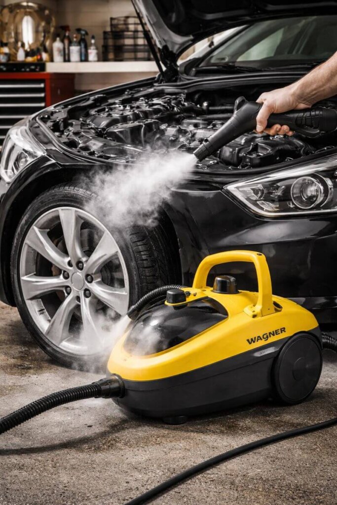 Wagner Spraytech 905e steam cleaner used to clean a car engine bay with high-pressure steam
