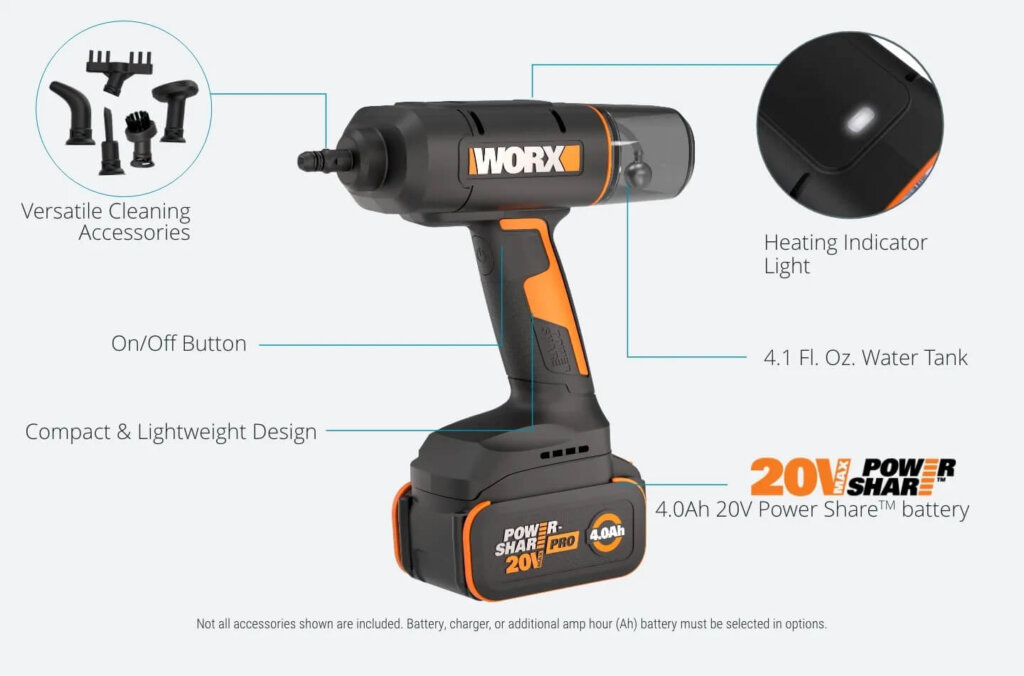 Worx 20V SteamStorm cordless handheld steam cleaner showing key features, battery, water tank, and accessories