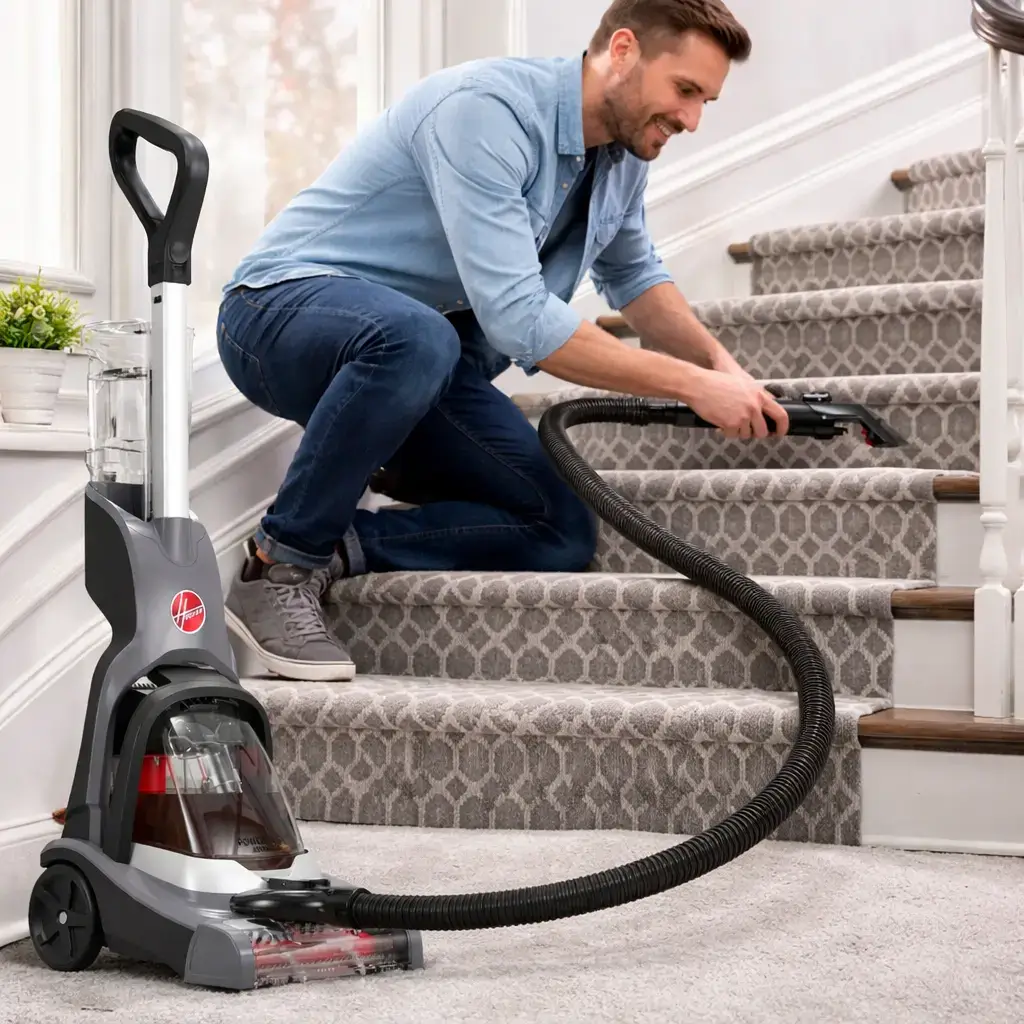 Automatic carpet cleaner with push-button controls for effortless operation