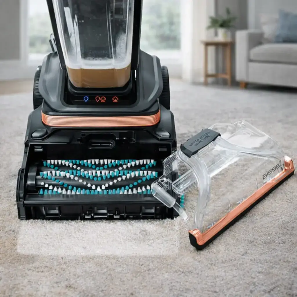 Dual PowerBrush rolls on Bissell Revolution HydroSteam Pet 3432 scrubbing deep dirt.
