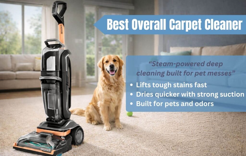 Bissell Revolution HydroSteam Pet 3432 carpet cleaner removing tough pet stains with steam-powered deep cleaning.