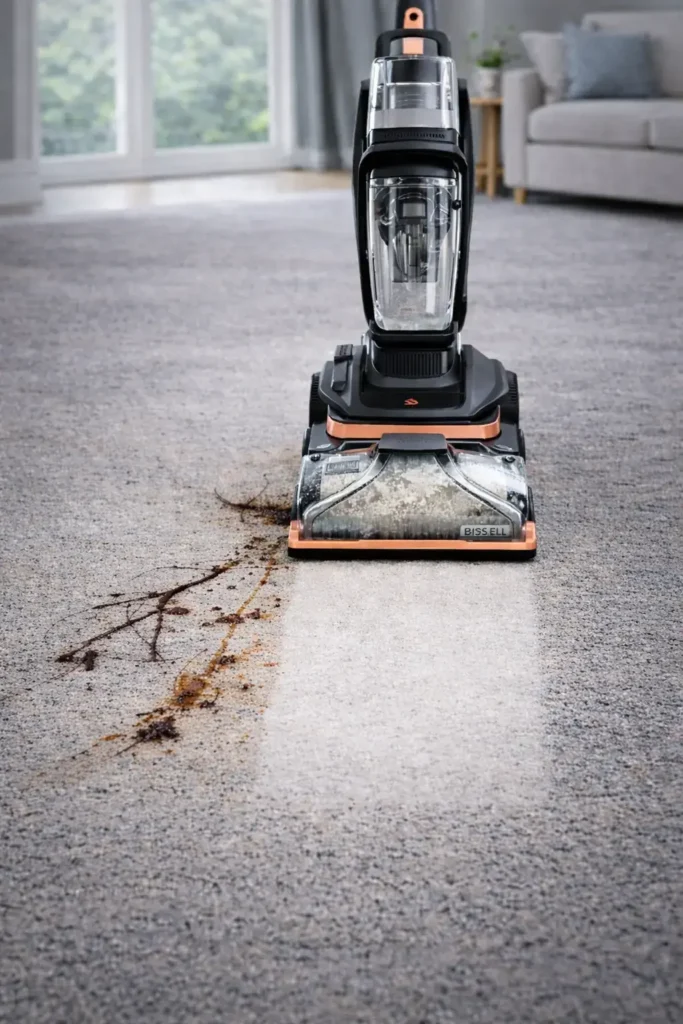 Bissell Revolution HydroSteam Pet 3432 cleaning a high-traffic carpet and lifting embedded dirt and pet hair with steam-assisted power