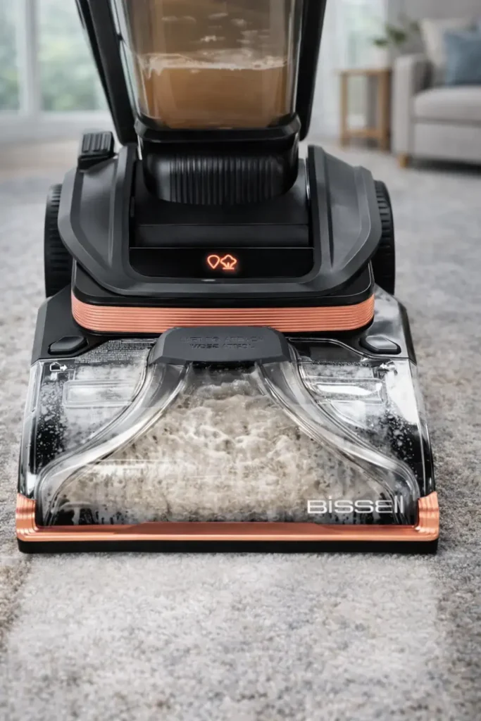 Bissell Revolution HydroSteam Pet 3432 tackling set-in carpet stains using HydroSteam Technology