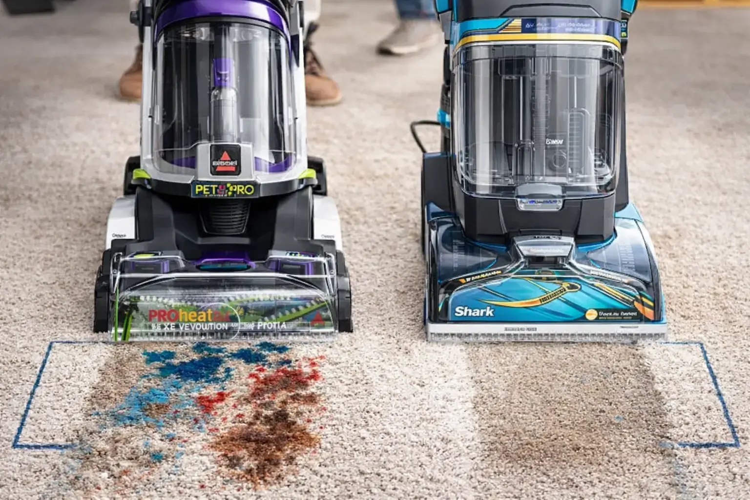 Side by side carpet cleaner test showing Bissell and Shark removing tough stains