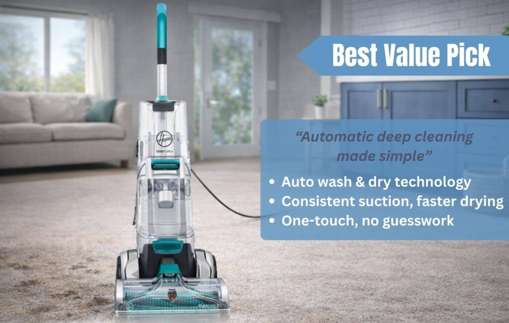 Hoover SmartWash Plus Automatic carpet cleaner with hands-free wash and dry cleaning.