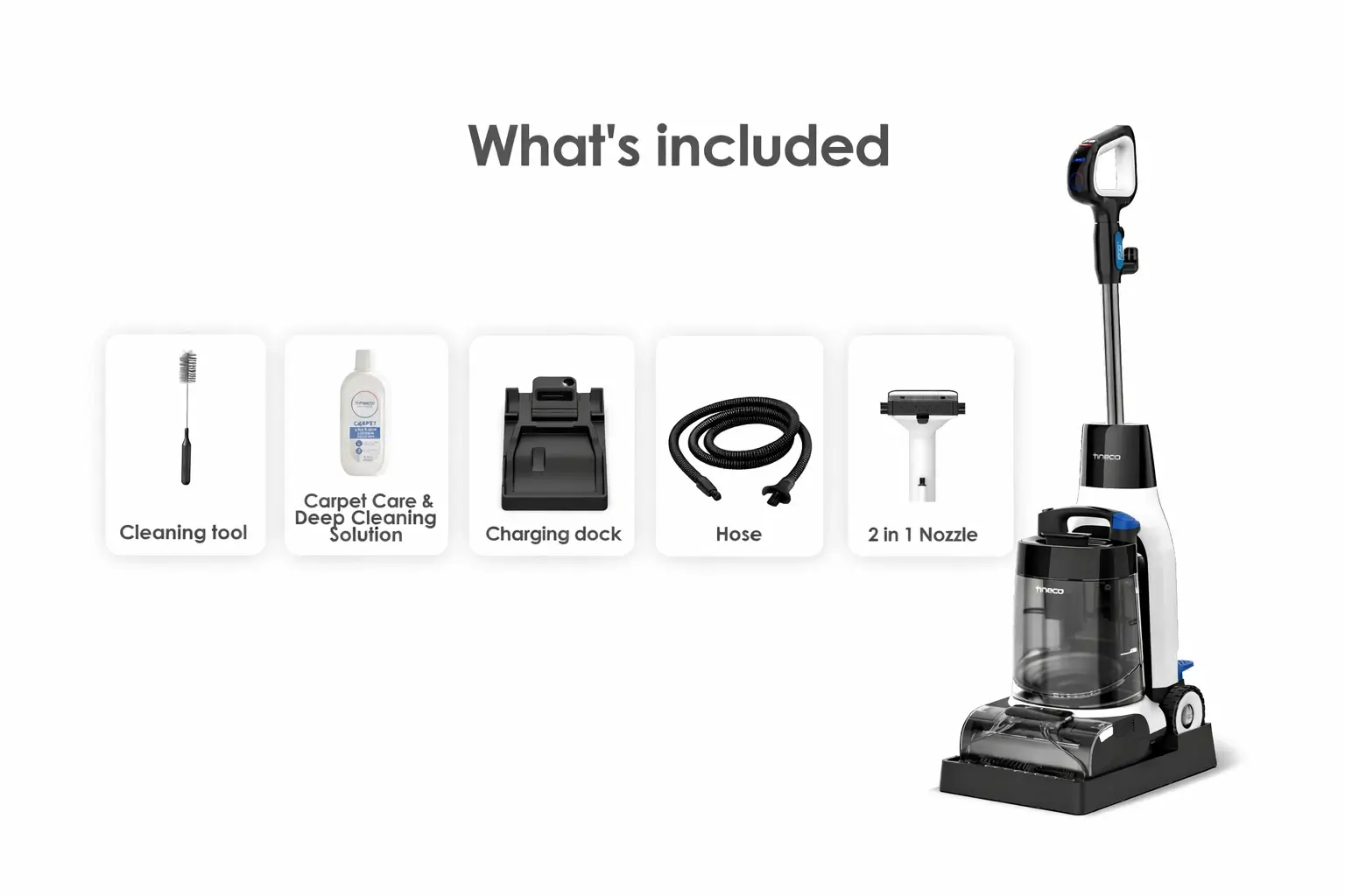 Tineco Carpet One Cruiser accessories including cleaning brush, hose, and maintenance tools.