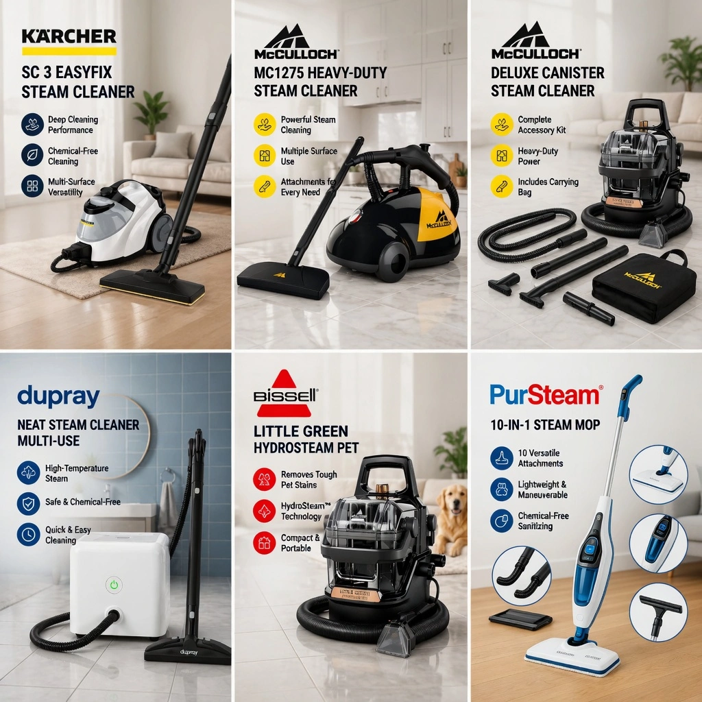 Best steam cleaners 2026 comparison: Kärcher SC 3 EasyFix, McCulloch MC1275, McCulloch Deluxe Canister, Dupray Neat, Bissell Little Green HydroSteam Pet, and PurSteam 10-in-1 Steam Mop